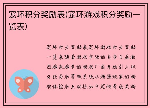 宠环积分奖励表(宠环游戏积分奖励一览表)